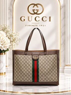 Authentic Gucci Ophidia GG Supreme Canvas Large Tote Bag Web Stripe Shoulder Bag